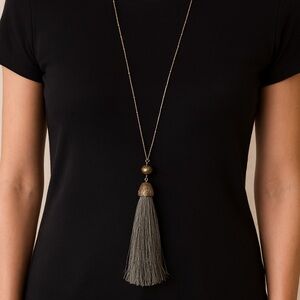 Tassel Necklace Gray and Goldtone 32” long dainty chain